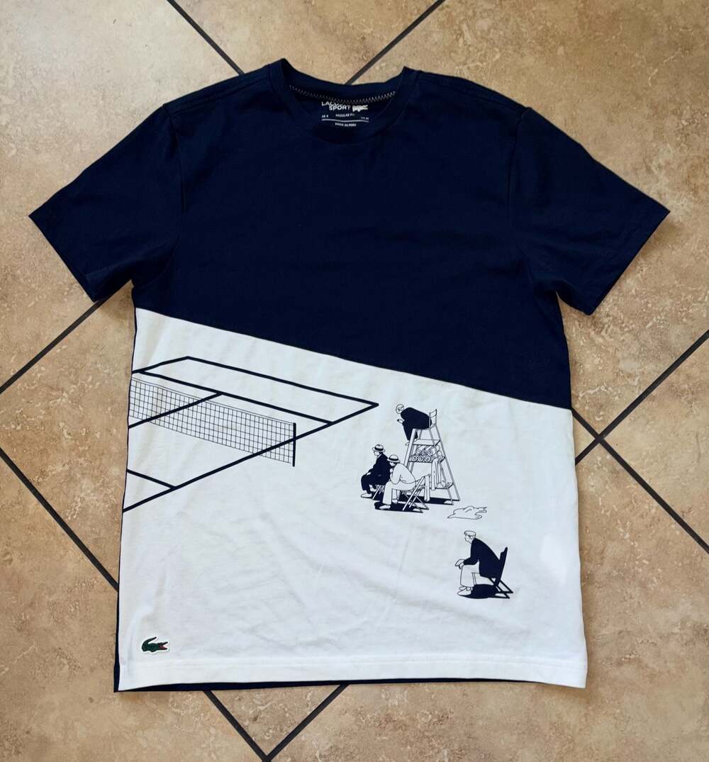 Lacoste Sport Tennis Heritage Graphic T-Shirt Navy Blue White Regular Fit US M